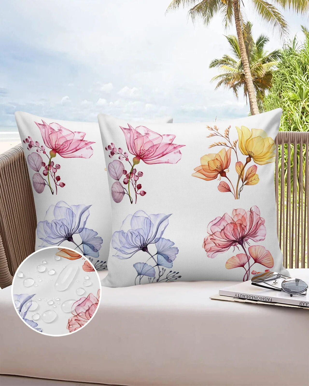 2/4PCS Outdoor Waterproof Pillowcase Watercolor Flowers Transparent