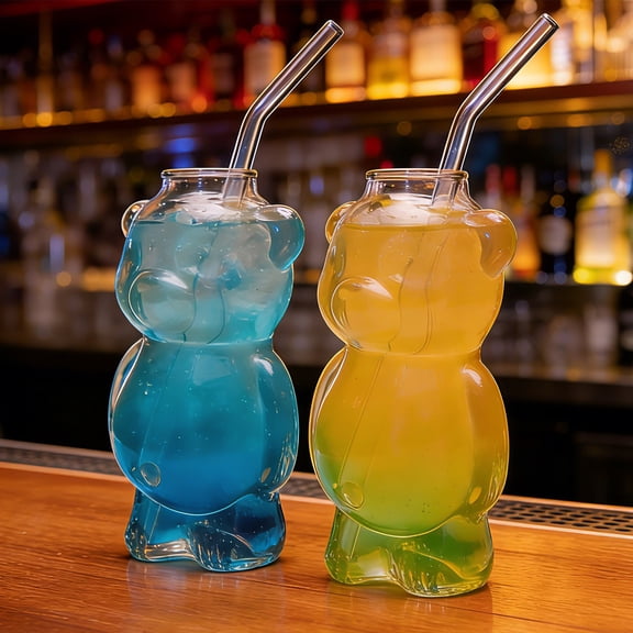 2/4Pcs Bear Coffee Tumbler Cute Honey Bear Glass Cup Jar with Straw 11oz Beer Wine Cocktail Glassware for Home Bar Kitchen Restaurant Party
