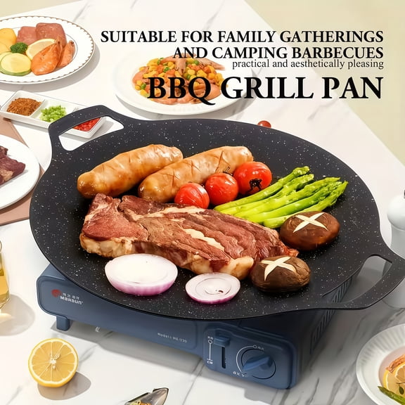 2/4Pcs Round Korean BBQ Grill Pan Set 28&30cm, Non-Stick Maifan Stone Griddle with 6-Layer Coating & Double Handles, Portable Multi Cookware for Indoor Cooking Outdoor Camping Barbecue Frying, Easy t