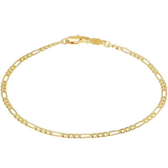 2.4mm 14k Yellow Gold Plated Flat Figaro Chain Link Bracelet, 7 inches