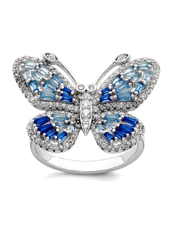 2.4mm 925 Sterling Silver Rhodium Plated Polished Blue and White Cubic Zirconia Butterfly Angel Wings Ring Size 8 Ring f