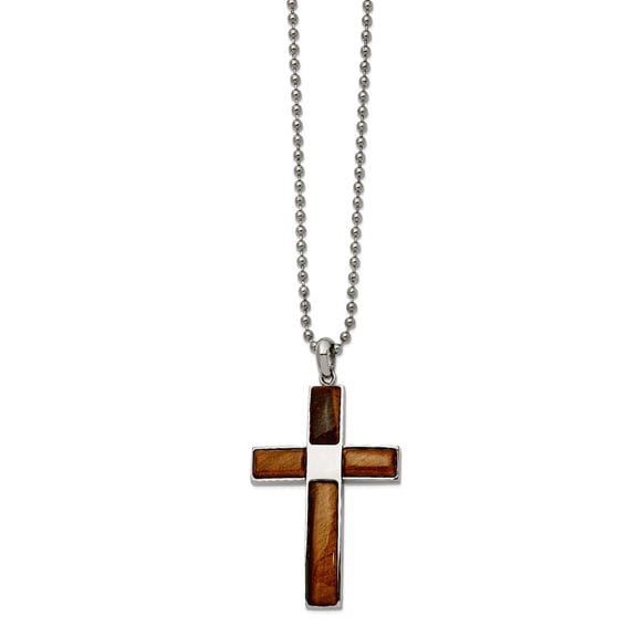 2.4mm Stainless Steel Polished With Tigers Eye Religious Faith Cross Pendant a Ball Chain Necklace 22 Inch Chain Necklac