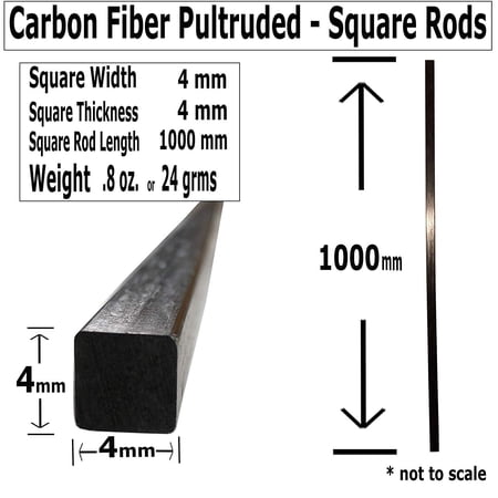 2 4mm X 1000mm - PULTRUDED-Square Carbon Fiber Rods. 100% Pultruded high Strength Carbon Fiber. Used for Drones, Radio Controlled Vehicles. Projects requiring high Strength to Weight Components.