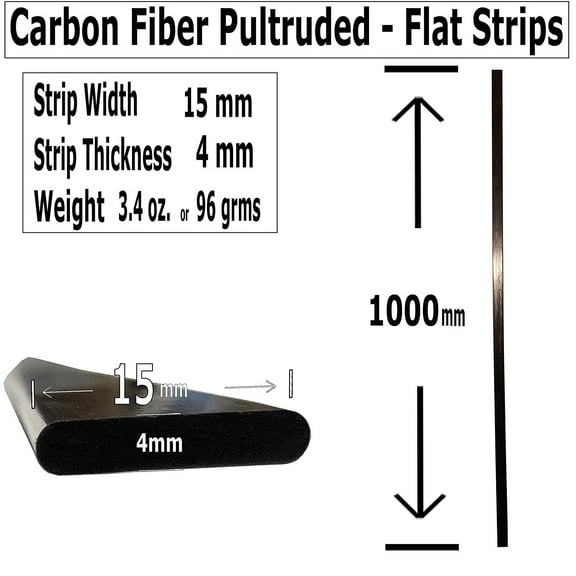 2 4mm x 15mm 1000mm - PULTRUDED-Flat Carbon Fiber Bar. 100% Pultruded high Strength Carbon Fiber. Used for Drones, Radio Controlled Vehicles. Projects requiring high Strength Components