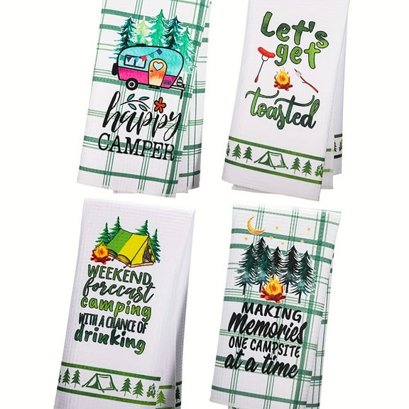 2/4pcs, Camping Theme Hand Towels - Decorative Kitchen and Dish Towels for Campers and Caravans - Perfect Gifts for Camping Enthusiasts - Easy Cleaning Accessories