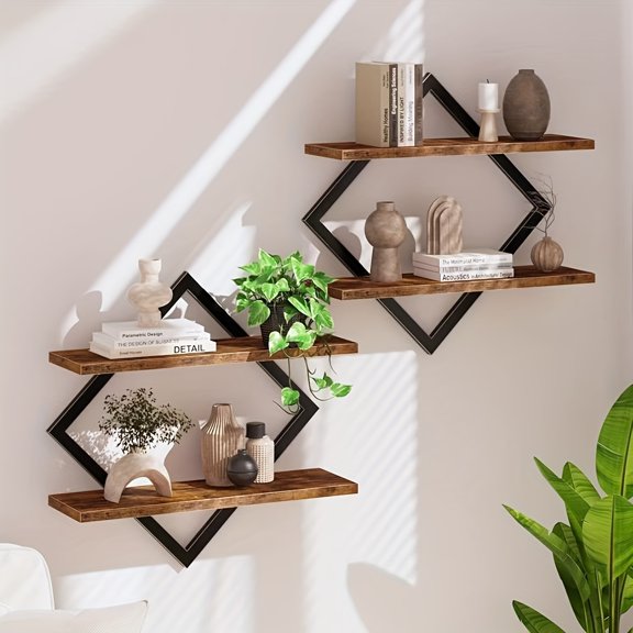 2/4pcs Double Layer Geometric Diamond Wall Floating Shelf, Industrial Hanging Metal Wire Wooden Display Stand, Simple Artistic Style, Suitable for Living Room Kitchen