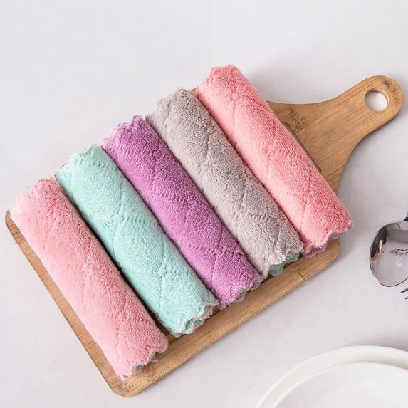 2/5/10pcs Dish Towels, Double Sided Thickened Cationic Super Absorbent Coral Fleece Dish Cloths, Soft Wipe Cleaning Rags For Home Kitchen Household Supplies, Random Color