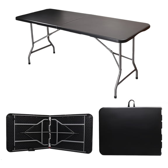 2.5/4/6Ft Fold-in-Half Utility Folding Table, Adjustable Height Plastic Table with Carry Handle & Lock, Indoor Outdoor Multipurpose Table for Camping, Party and Picnic, Black / White