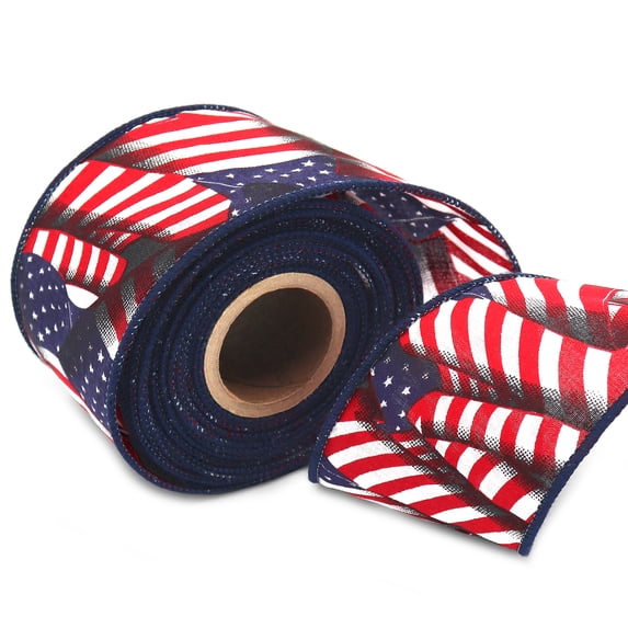 2.5" American Flag Wired Ribbon, Patriotic Red White & Blue, 10 Yards by Gwen Studios