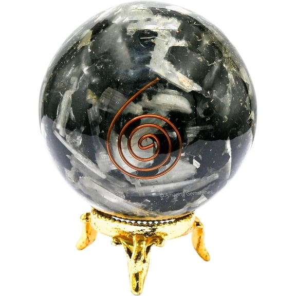 2.5" Black Tourmaline Selenite Orgonite Orgone Crystal Sphere Ball with Stand (Mixed)