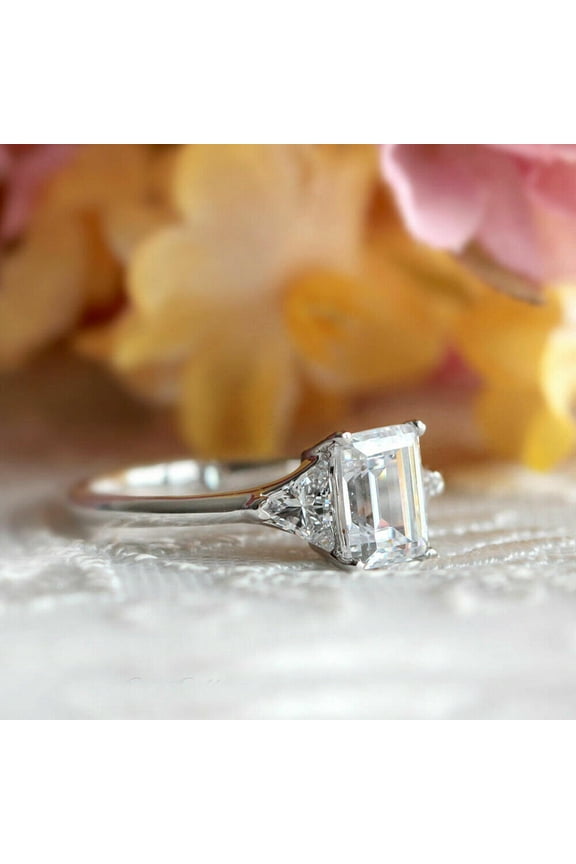 2.5 Ct Octagon & Trillion Moissanite Engagement Ring, 18K White Gold Plated