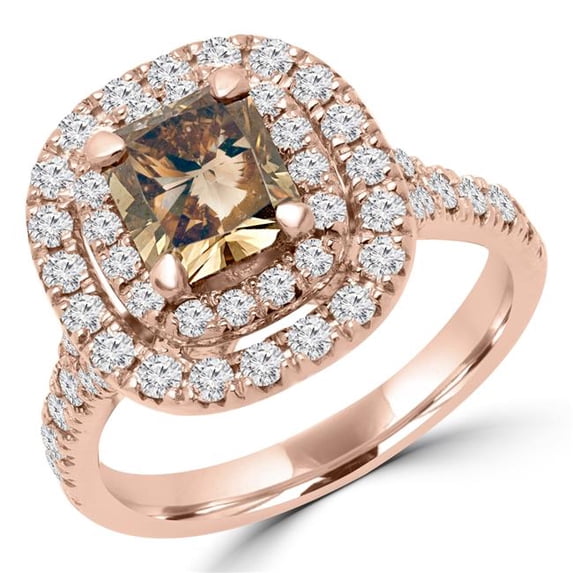 2.5 CTW Radiant Champagne Diamond Double Halo Engagement Ring in 14K Rose Gold, Size 7