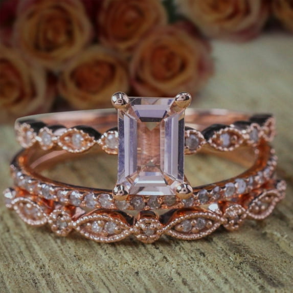 2.5 Carat 7x5mm Emerald Cut Morganite and Diamond Moissanite Trio Ring Set Engagement Ring with two matching bands with 18k Gold Plating
