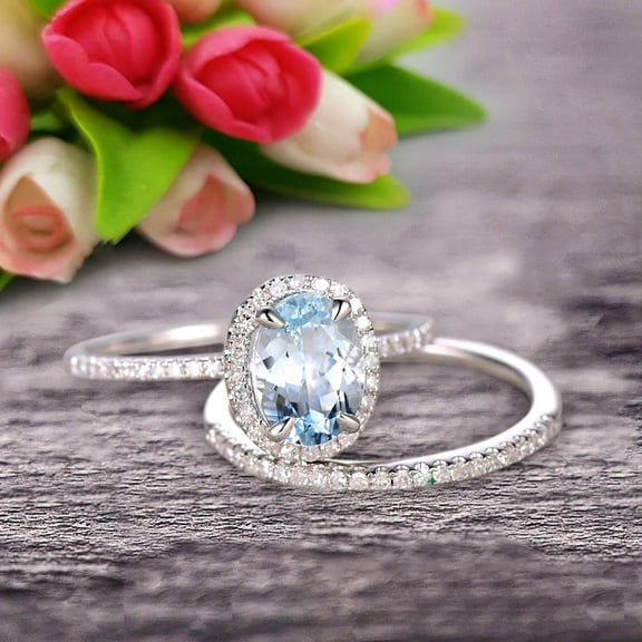 2.5 Carat 8x6mm Oval Cut Aquamarine Wedding Anniversary Gift Bridal Set Engagement Ring On 10k White Gold With Matching Band Art Deco Vintage Look