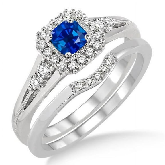 2.5 Carat Blue Sapphire 6mm Princess Cut And Moissanite Diamond Bridal Set Halo Engagement Ring On 10k White Gold