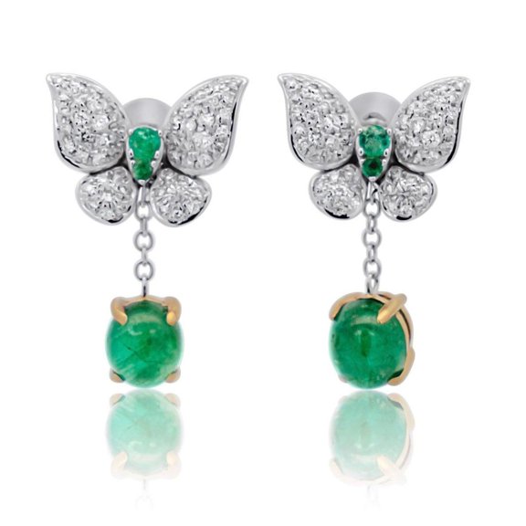 2.5 Carat Cabochon Cut Emerald and Diamond Butterfly Drop Earrings in 18k White