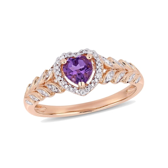 2/5 Carat (Ctw) Amethyst Promise Heart Ring 10K Rose Pink Gold with Diamonds