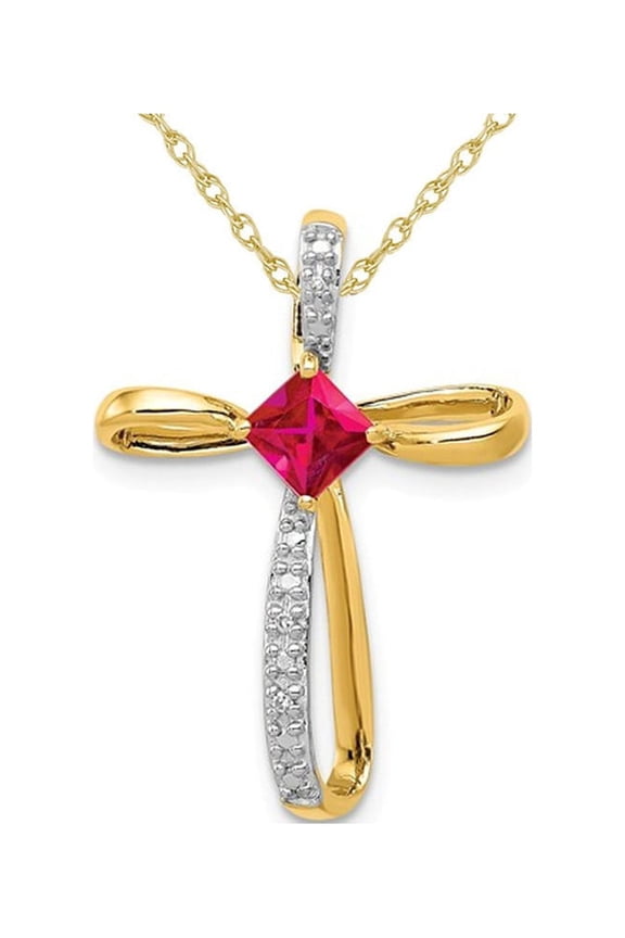 2/5 Carat (Ctw) Lab Created Ruby Cross Pendant Necklace in 14K Yellow Gold with Chain for Women