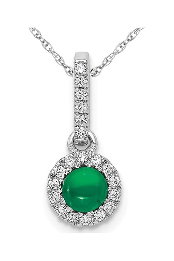 2/5 Carat (Ctw) Natural Cabochon Emerald Halo Pendant Necklace in 14K White Gold with Chain and Accent Diamonds