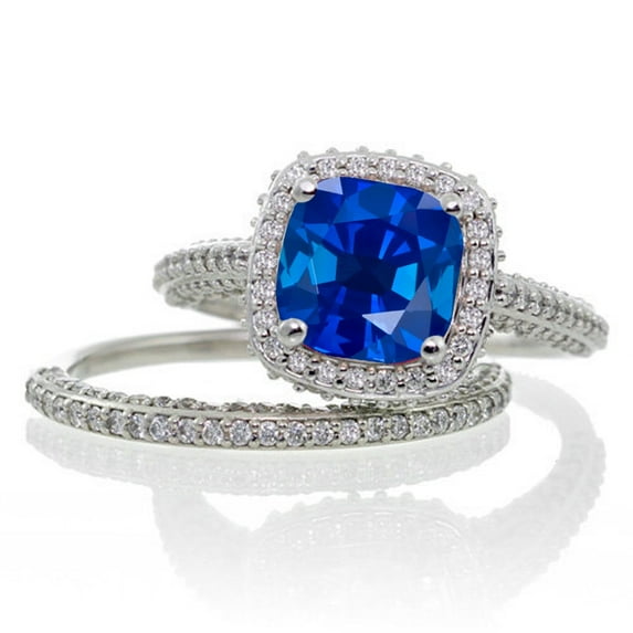 2.5 Carat Cushion Cut Designer Sapphire and Diamond Halo Wedding Ring Set on 10k White Gold