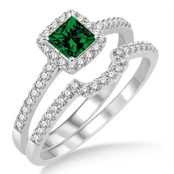 2.5 Carat Green Emerald 6mm Princess Cut Halo Art Deco Moissanite Diamond Bridal Set On 10K White Gold, Promise Ring, Anniversary Ring