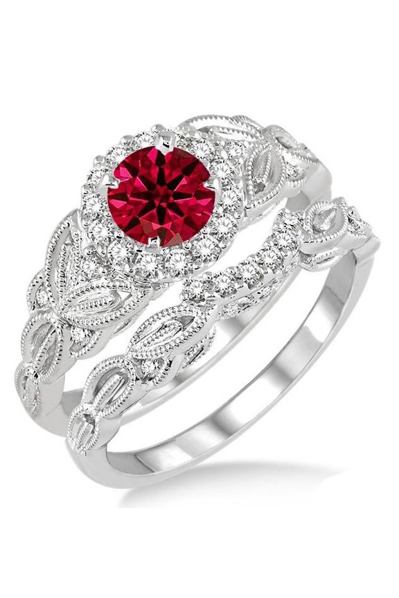 2.5 Carat Mind Blowing Fantastic Red Ruby Moissanite Diamond Vintage Floral Bridal Set Engagement Ring on 10k White Gold