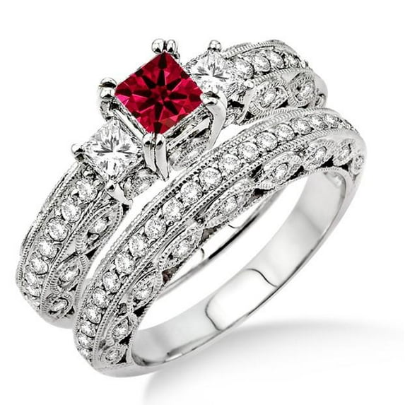 2.5 Carat Red Ruby Diamond Moissanite Antique Milgrain Trilogy Bridal Set on 10k White Gold