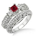 thumbnail image 1 of 2.5 Carat Red Ruby Diamond Moissanite Antique Milgrain Trilogy Bridal Set on 10k White Gold, 1 of 3