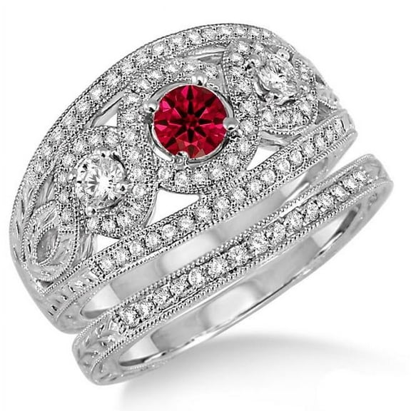 2.5 Carat Red Ruby Round Cut Diamond Moissanite Trilogy set Ring on 10k White Gold