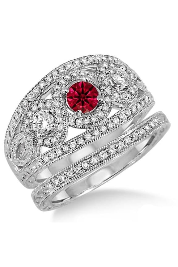 2.5 Carat Red Ruby Round Cut Diamond Moissanite Trilogy set Ring on 10k White Gold