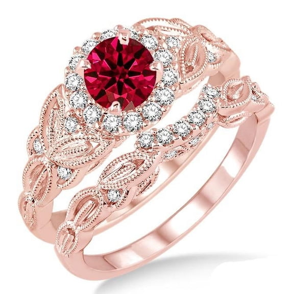 2.5 Carat Red Ruby Vintage Look Moissanite Diamond Rund floral Bridal Set Engagement Ring on 10k Rose Gold