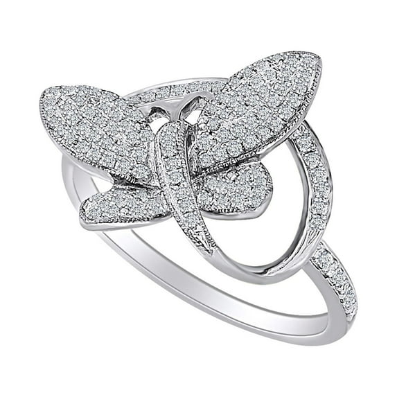 AFFY 2/5 Carat Round Shape White Natural Diamond Butterfly Ring In 10K Solid White Gold (0.40 Cttw)-Ring Size-6