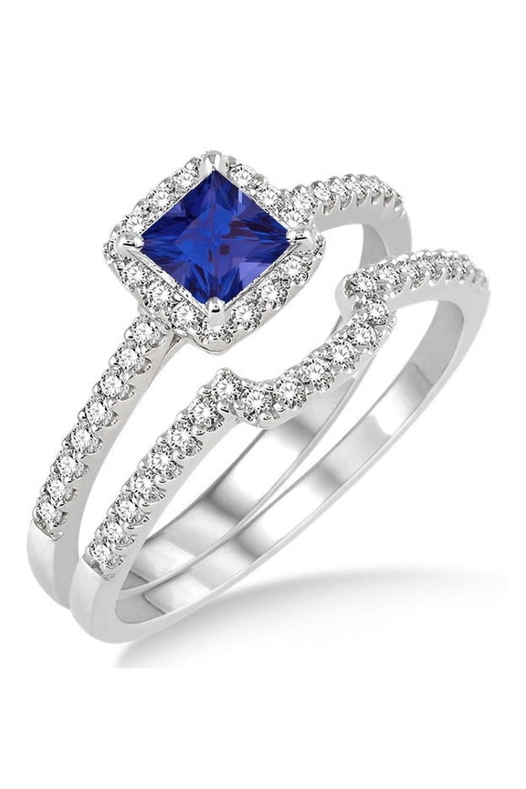 2.5 Carat Square Shape Blue Sapphire Halo Art Deco Diamond Moissaite Wedding Ring Bridal Set On 10k White Gold