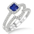 thumbnail image 1 of 2.5 Carat Square Shape Blue Sapphire Halo Art Deco Diamond Moissaite Wedding Ring Bridal Set On 10k White Gold, 1 of 2