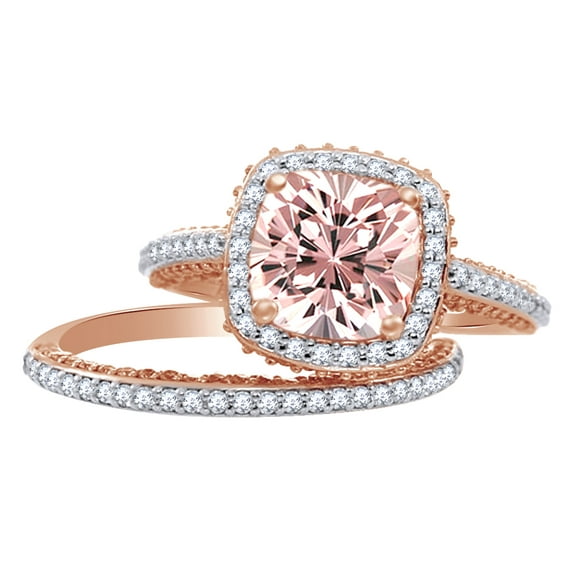AFFY 2.5 Ct Cushion Cut Simulated Morganite & White Natural Diamond Halo Wedding Ring Set in 10k Rose Gold Ring Size - 8.5