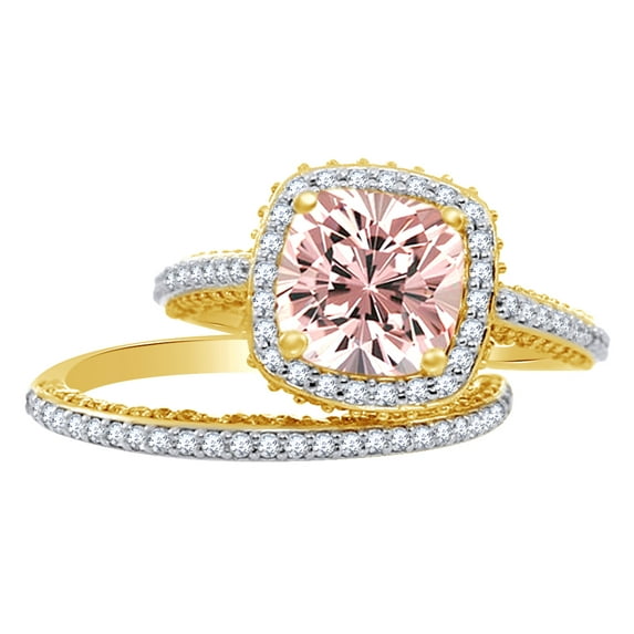 AFFY 2.5 Ct Cushion Cut Simulated Morganite & White Natural Diamond Halo Wedding Ring Set in 10k Yellow Gold Ring Size - 6