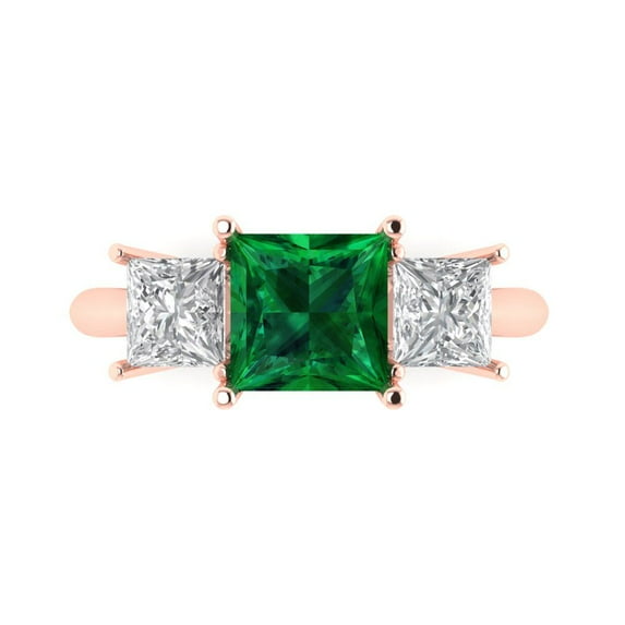 Three-Stone Engagement Ring for Women - 2.5ct Simulated Emerald in 14K Rose Gold Promise Ring