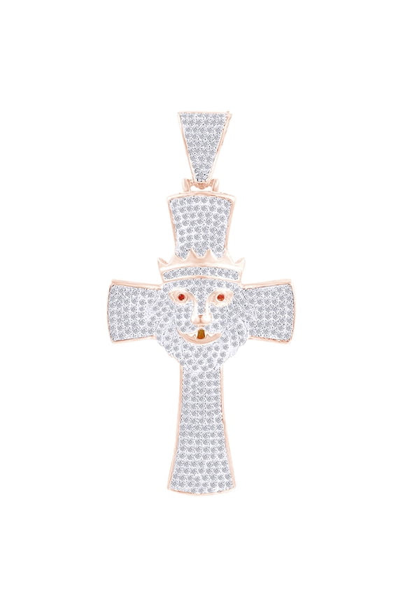 2.5 Cttw Round Shape White Natural Diamond Hip Hop Jewelry Lion Face Cross Pendant In 14k Solid Rose Gold