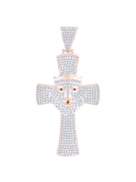 2.5 Cttw Round Shape White Natural Diamond Hip Hop Jewelry Lion Face Cross Pendant In 14k Solid Rose Gold