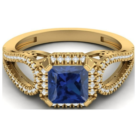 2.5 Ctw Square Shape Synthetic Blue Sapphire 925 Sterling Silver Gold Vermeil Split Shank Valentines Day Gifts Ring