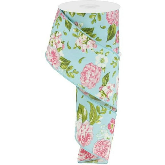 2.5" Floral Ribbon: Green and Blue 10 Yards Expressions Wired Edge Floral Print Ribbon RG0172514