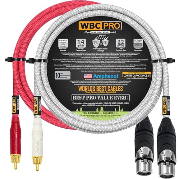 2.5 Foot RCA to XLR (Female) Cable Pair - WBC-PRO-LOCAP Low-Capacitance (14pF/ft) 22 AWG Ultra-Silent Audiophile & Pro-Grade Audio Interconnect Cable - Amphenol Plugs & Red & Silver Tweed Jackets