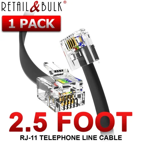 2.5 Foot Telephone Cable Rj11 (6P4C) Phone Line Cord, Black