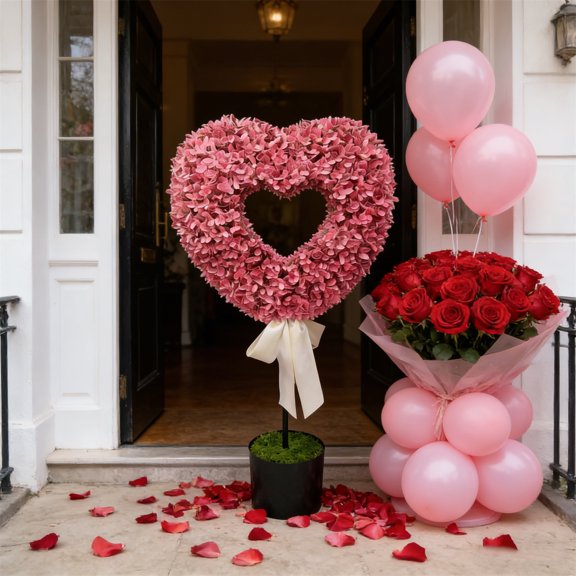 2.5 Ft Artificial Heart Topiary Tree, Faux Boxwood Topiary in Black Pot with Bow, Valentine's Day Romantic Home Decor, Indoor Outdoor Topiary for Porch Mantle Table Centerpiece