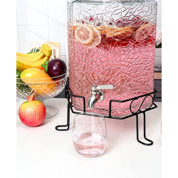 2.5 Gallon Glass Beverage Dispenser with Stainless Steel Spigot and Stand for Parties
