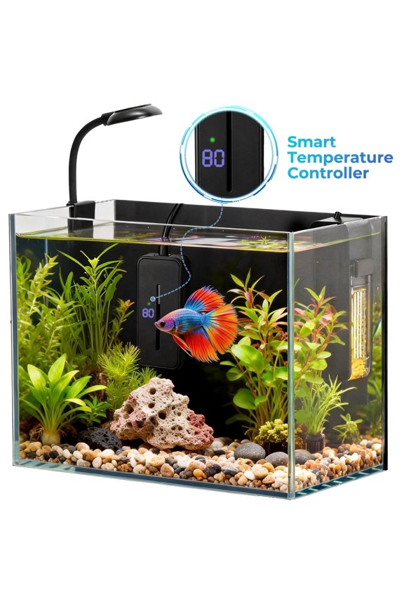 2.5 Gallon Nano Nature Aquarium Kit with Smart Temperature Controller, DOMIPET Ultra-Clear Rimless Desktop Fish Tank with Light and Silent Multi-Layer Filter, Small Tank with Temp Display for Beta