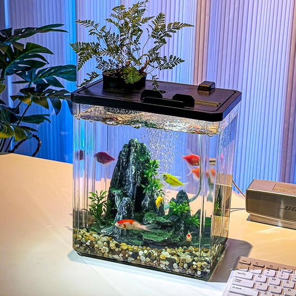2.5 Gallon Small Fish Tank wit LED Light, Air Pump, Lid, Hydroponic Cup for Betta, Goldfish, Office, Home Decor