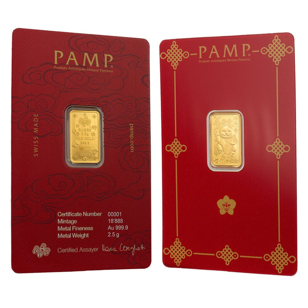 2.5 Gram PAMP Suisse Lucky Cat Gold Bar .9999 Fine (in Assay)