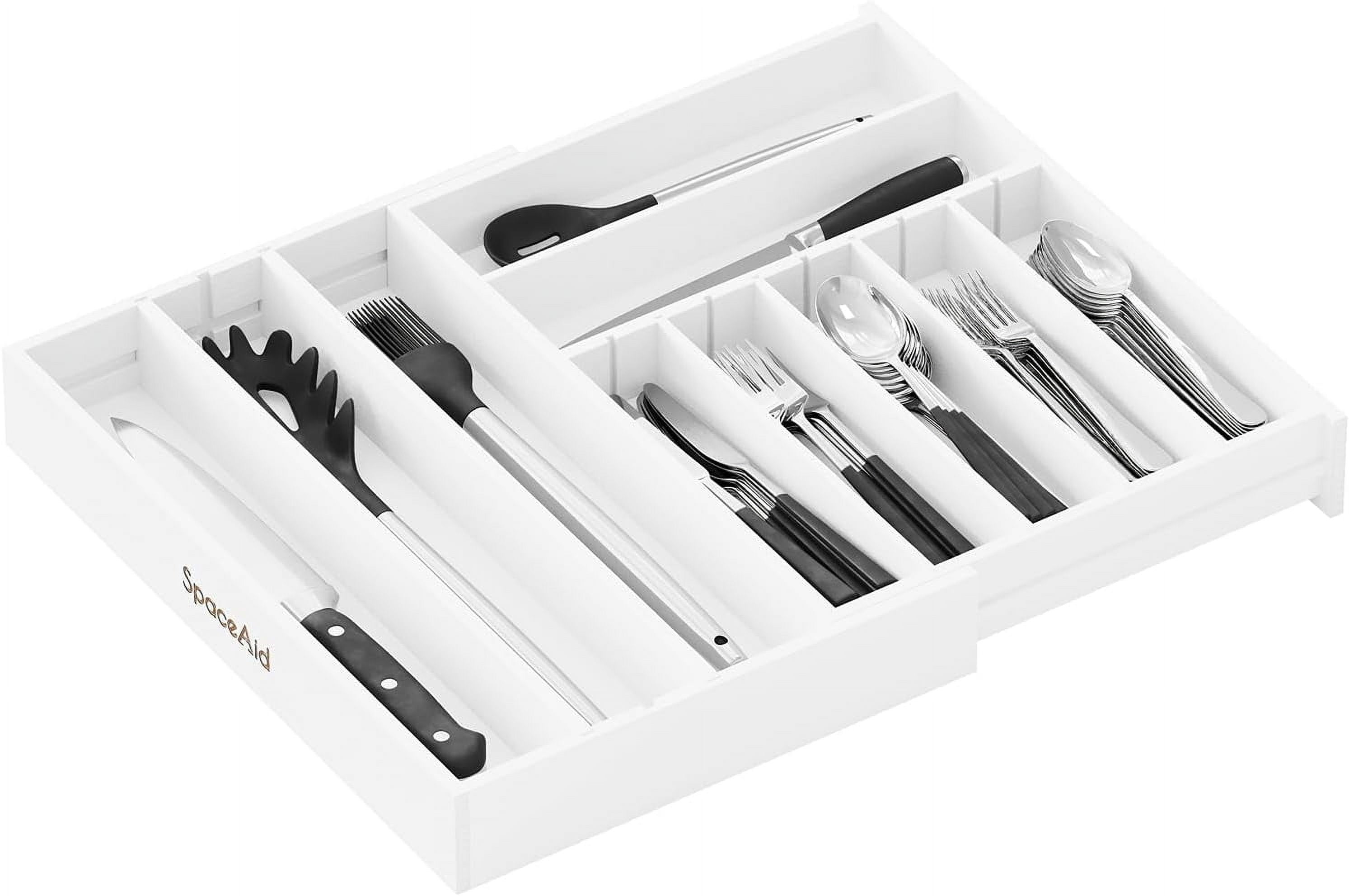 2.5" High Bamboo Silverware Drawer Organizer with Labels, Kitchen Utensil Expandable Tray Holder for Flatware, Cutlery, Spoon and Knives Drawer Storage Organization (White)