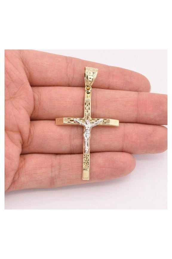 Diamond-Cut Huge Crucifix Cross Pendant Unisex Adult 10K Yellow White Gold, 3.15 Gr - GOLDUM NYC